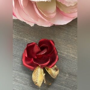 Vintage Jewelry Signed Cerrito Gorgeous Satiny Red Rose Flower Pin Brooch
